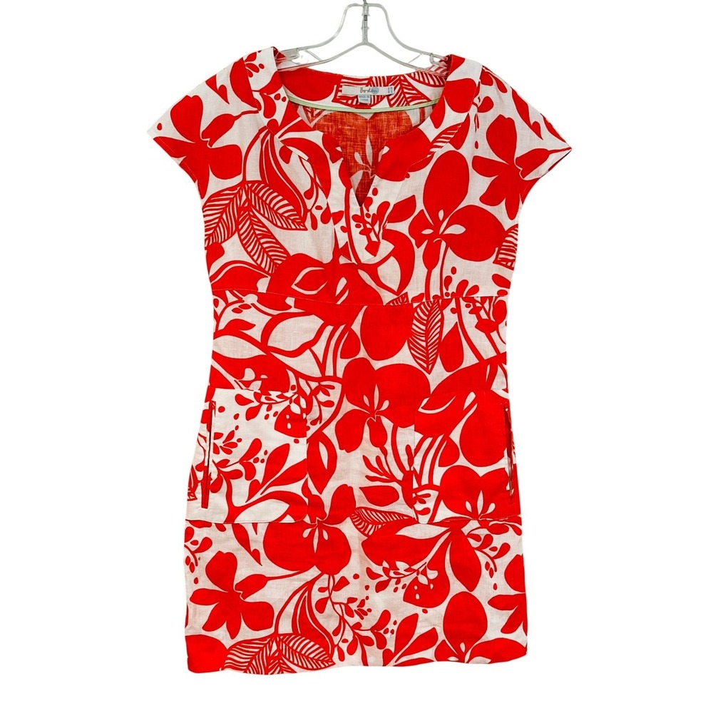 Boden Linen Floral Shift Dress Womens 4R Orange White Coastal Preppy Resortwear